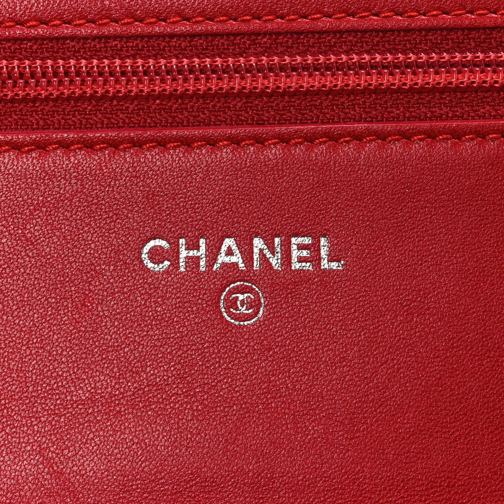 Lambskin Camellia Embossed Wallet on Chain WOC Red