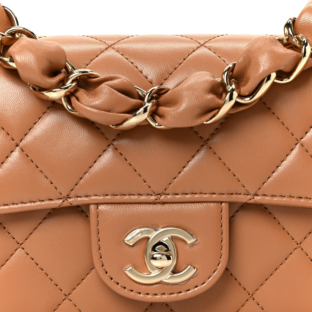 Shiny Lambskin Quilted Mini Flap Brown