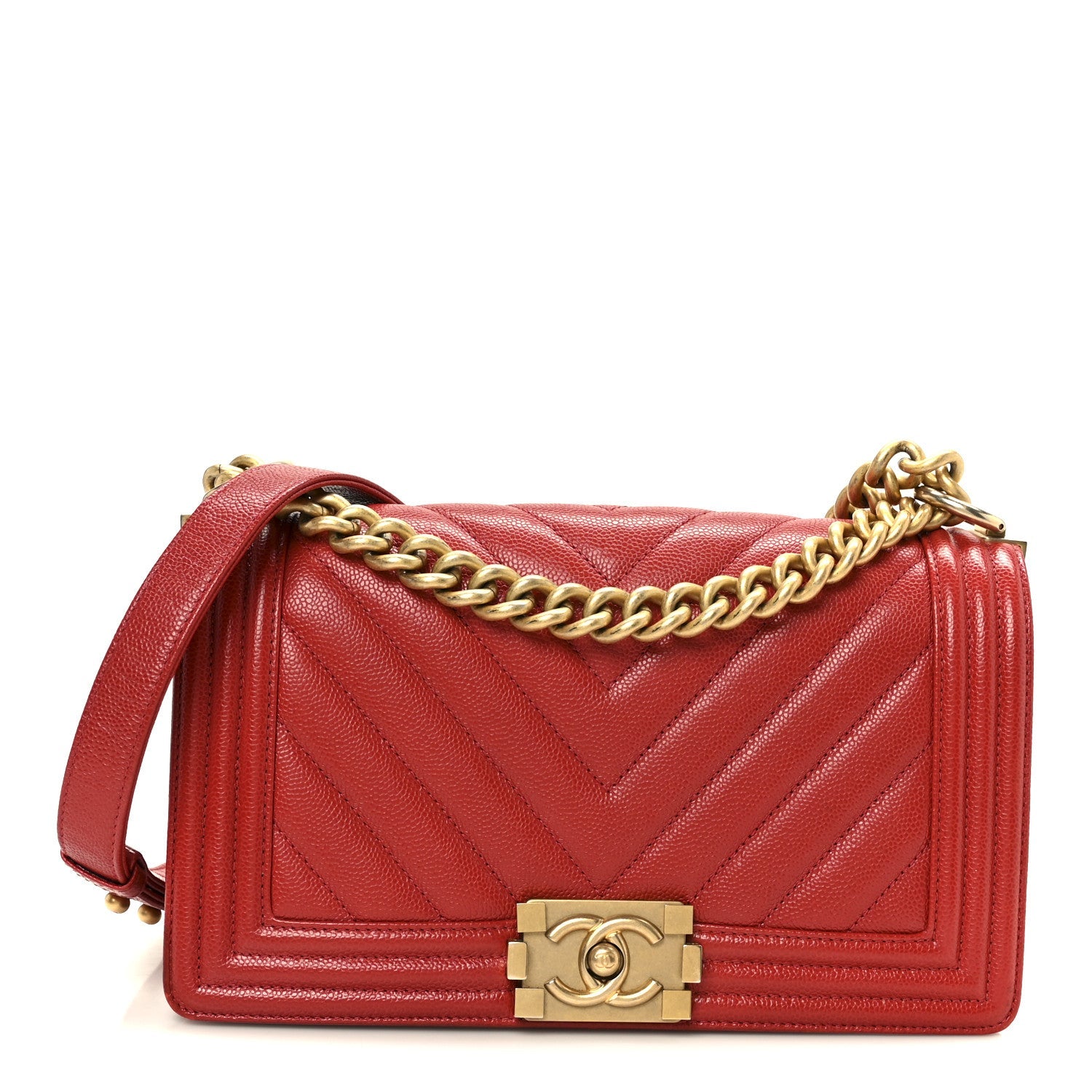 Caviar Chevron Quilted Medium Boy Flap Red