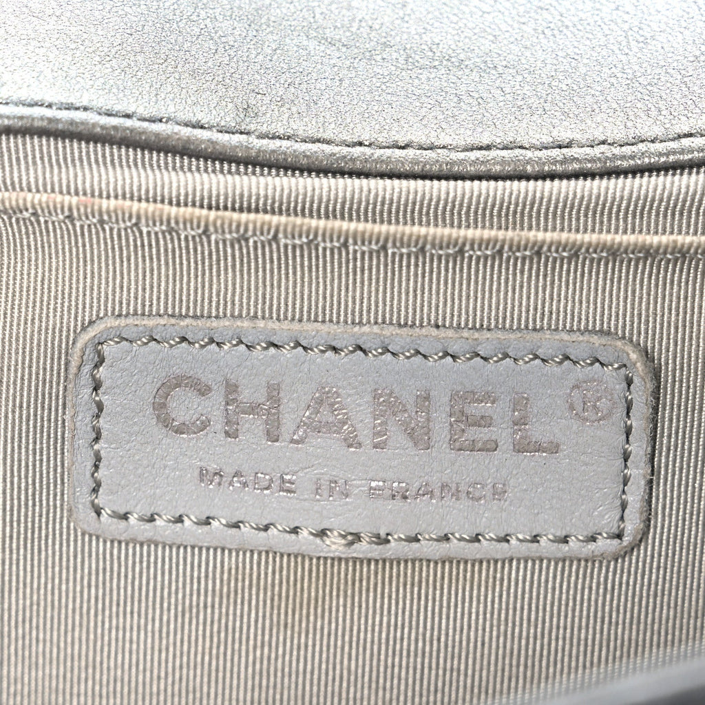 Metallic Lambskin Glass Pearl Embroidered Medium Boy Flap  Silver