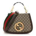 GG Supreme Monogram Textured Dollar Calfskin Web Medium Blondie Top Handle Shoulder Flap Bag Beige Ebony New Acero