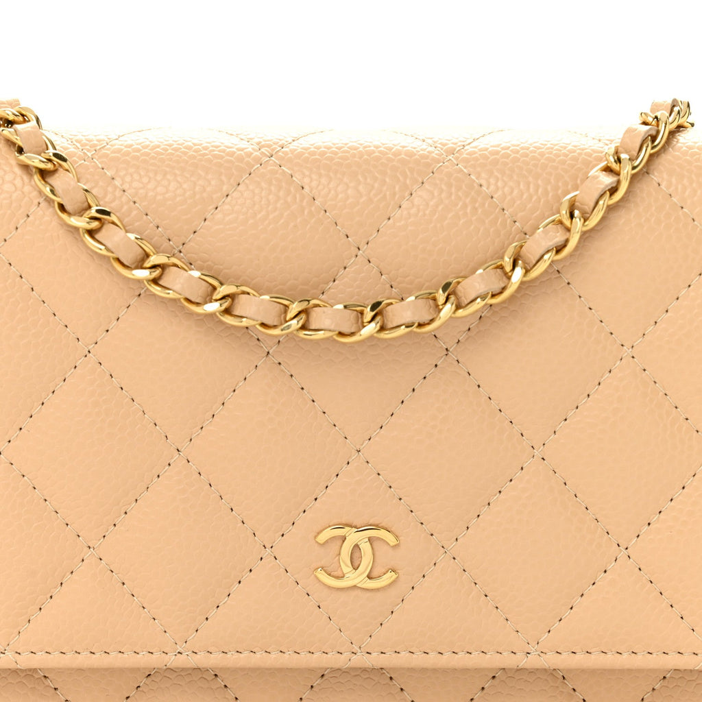 Caviar Quilted Wallet on Chain WOC Beige