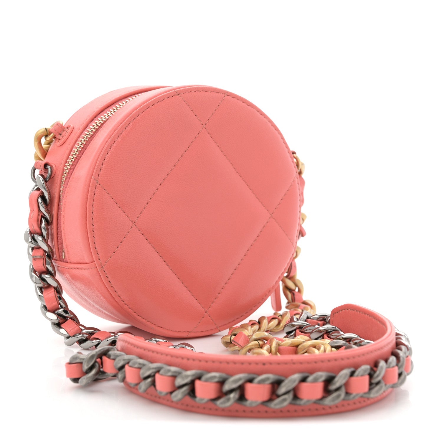 Lambskin Quilted Chanel 19 Round Clutch With Chain Pink