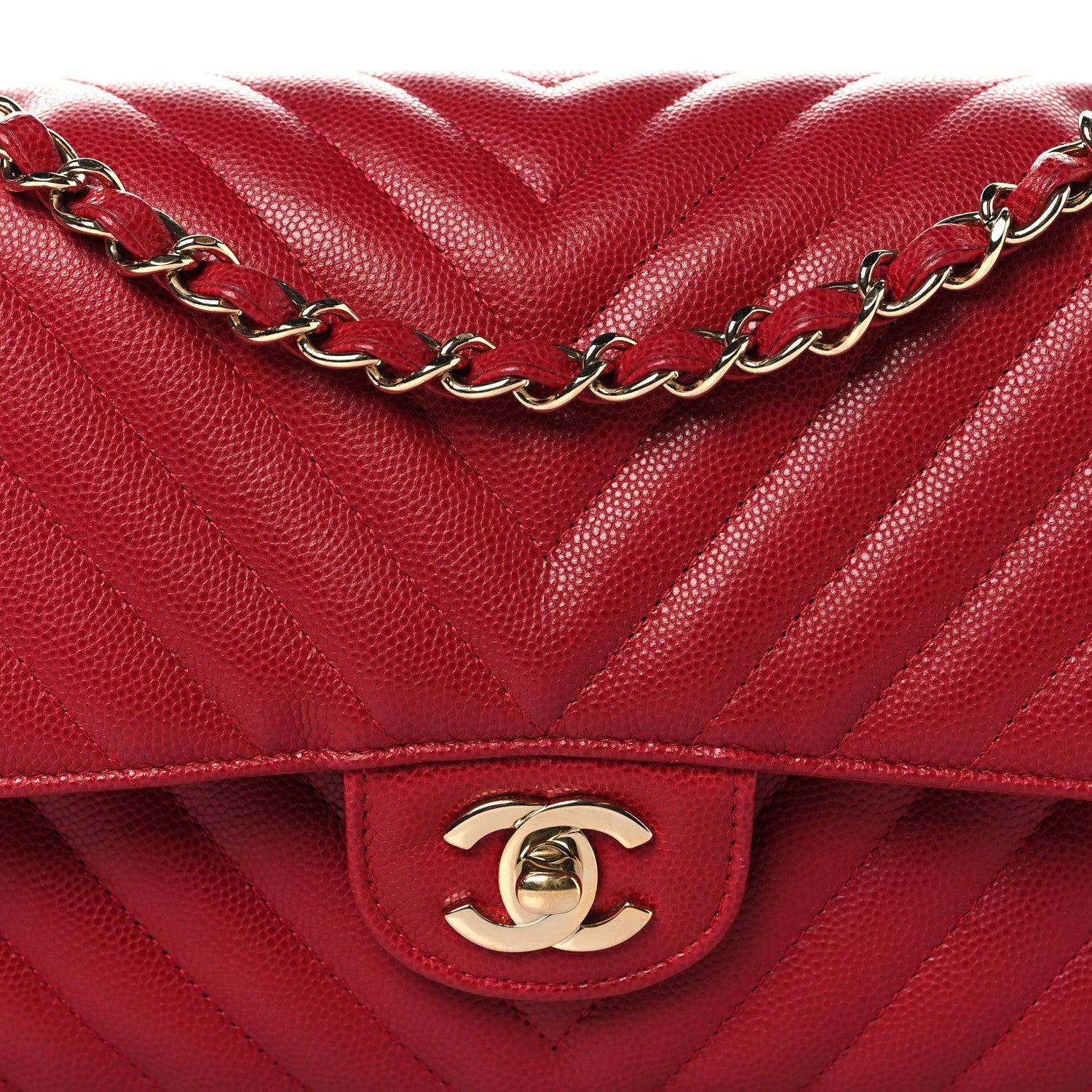 Caviar Chevron Quilted Medium Double Flap Red