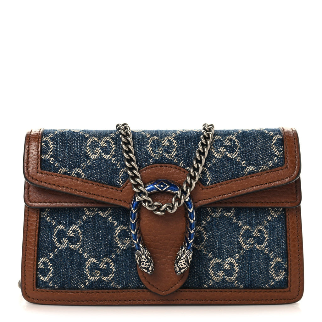 New Denim GG Monogram Dollar Calfskin Enamel Super Mini Dionysus Shoulder Bag Blue Tea Cuir Epilog Electric Blue