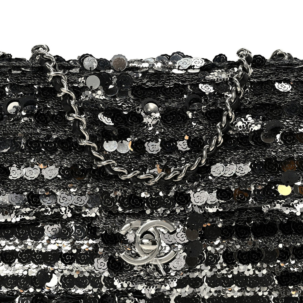 Sequin Camellia Small Single Flap Silver Black