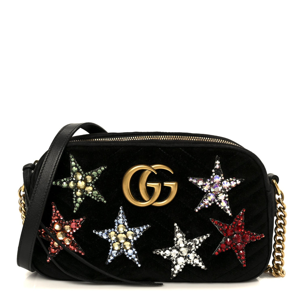 Velvet Matelasse Crystal Star Embroidered Small GG Marmont Chain Shoulder Bag Black