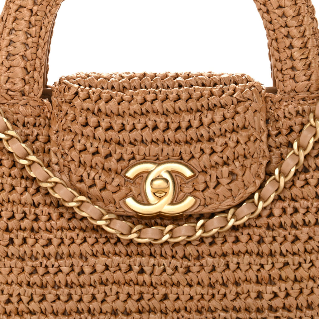 Braided Raffia Nano Kelly Flap Bag Dark Beige