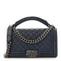 Calfskin Quilted Medium Top Handle Boy Flap Blue