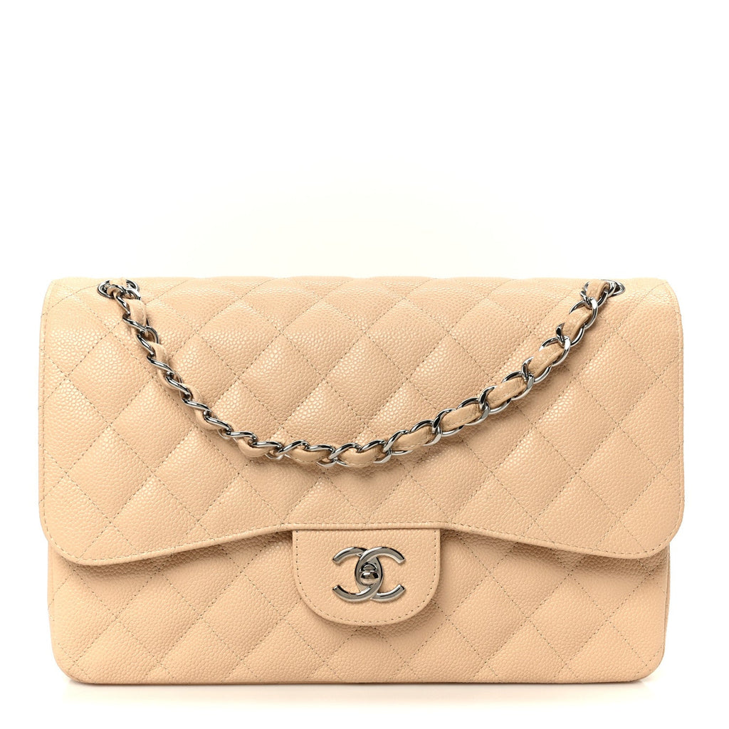 Caviar Quilted Jumbo Double Flap Beige Clair