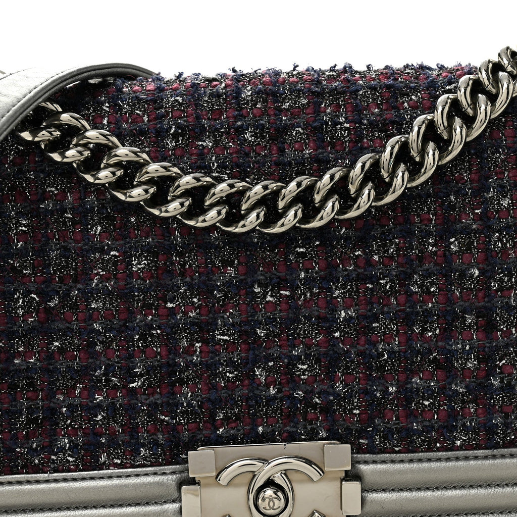 Tweed Metallic Lambskin Medium Boy Flap Silver