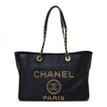 Straw Raffia Calfskin Chain Small Deauville Tote Black