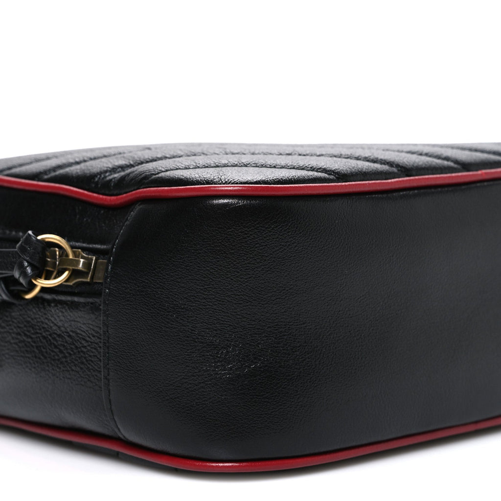 Vintage Effect Calfskin Matelasse Diagonal Small Torchon GG Marmont Bamboo Top Handle Shoulder Bag Black Romantic Cherry