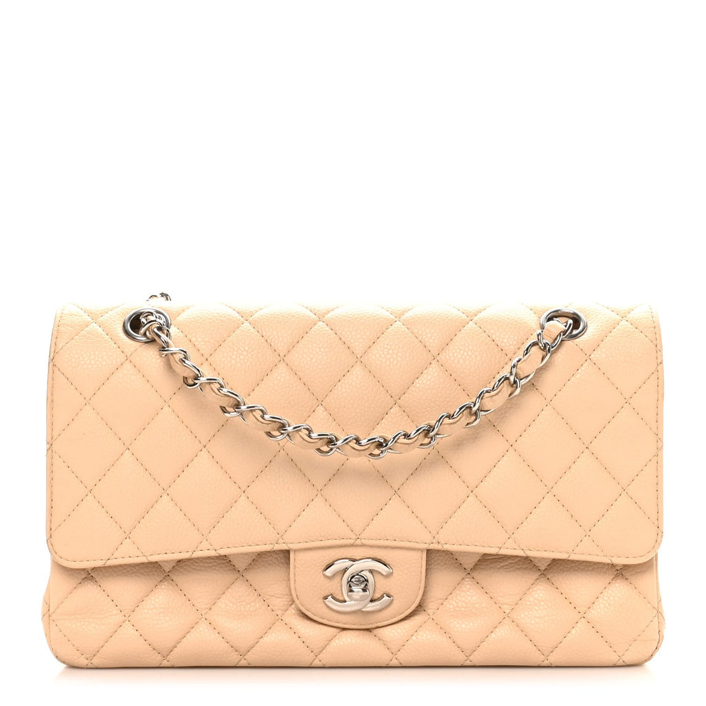 Caviar Quilted Medium Double Flap Beige