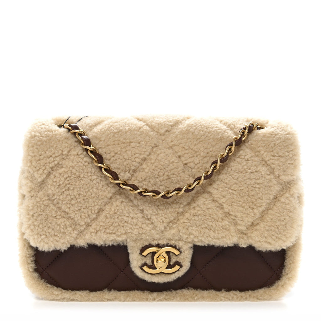 Shearling Lambskin Quilted Furry Coco Flap Dark Brown Beige