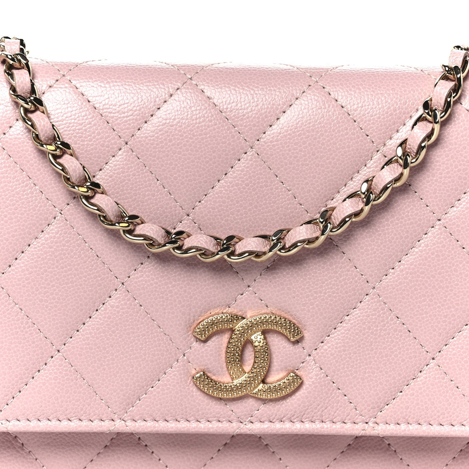 Caviar Quilted Studded CC Wallet on Chain WOC Light Pink