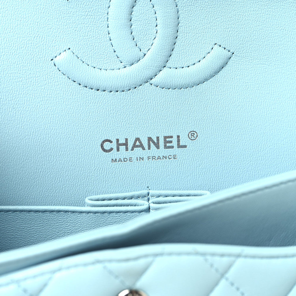 Lambskin Quilted Medium Double Flap Light Blue