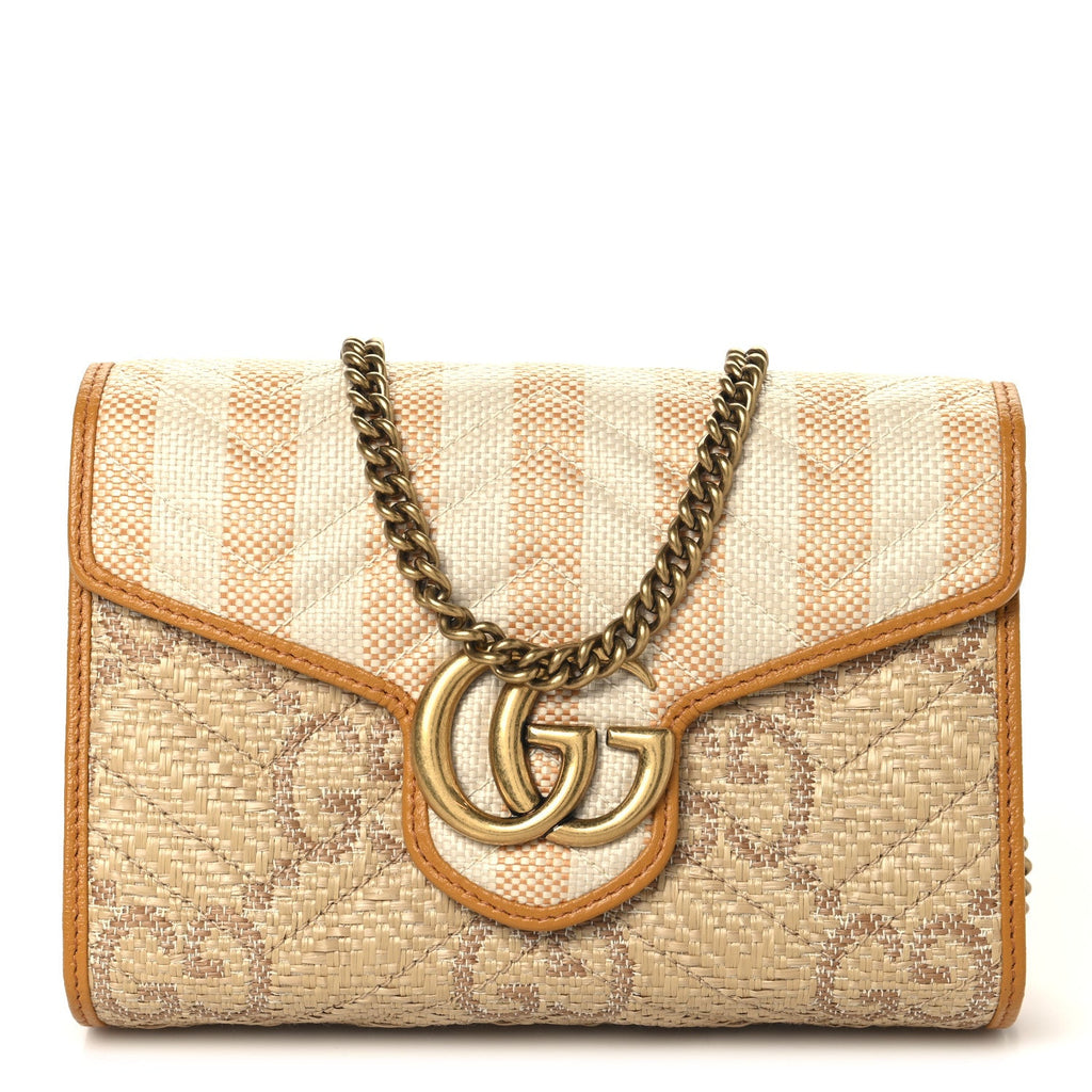 Raffia GG Monogram Matelasse GG Marmont Chain Wallet Natural Beige Off White Sun Oil