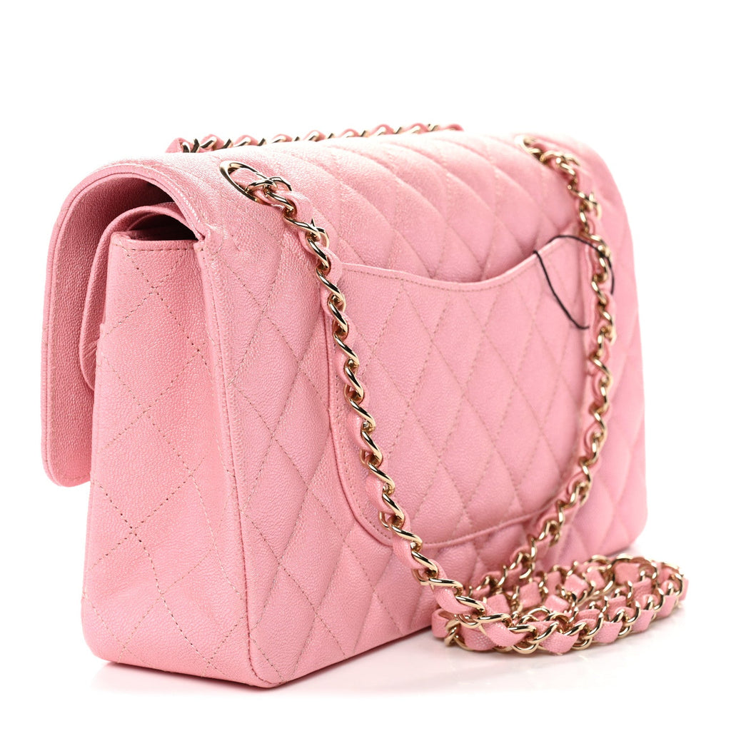 Iridescent Caviar Quilted Medium Double Flap Rose Pink