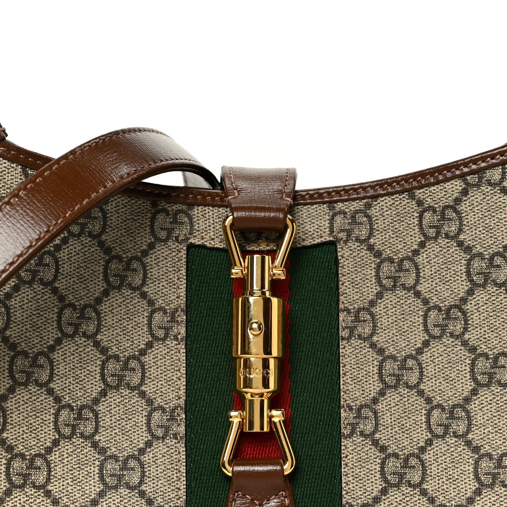 GG Supreme Monogram Azalea Calfskin Web Small Jackie 1961 Hobo Beige Ebony Brown Sugar