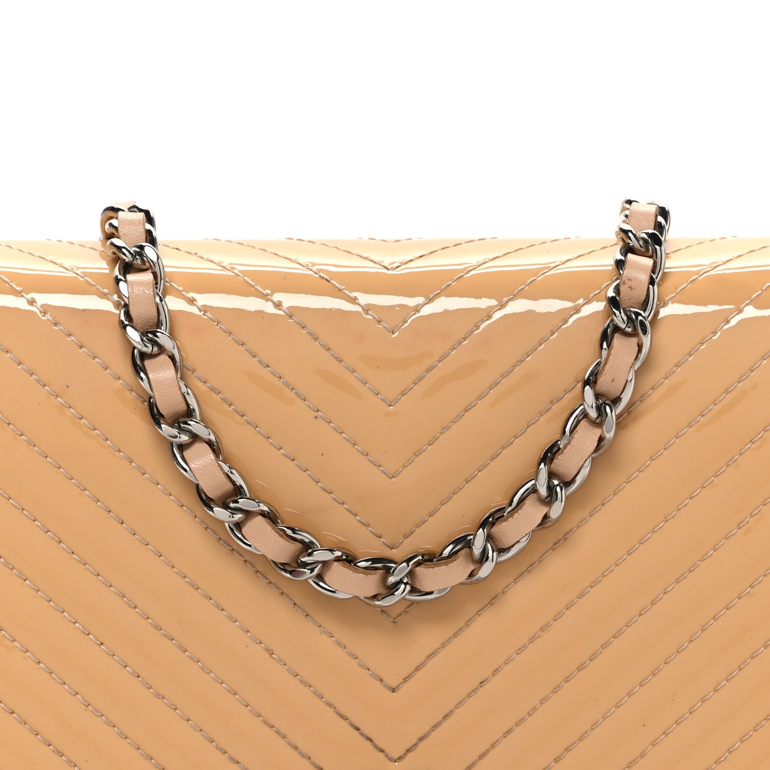 Patent Calfskin Chevron Quilted Wallet On Chain WOC Beige