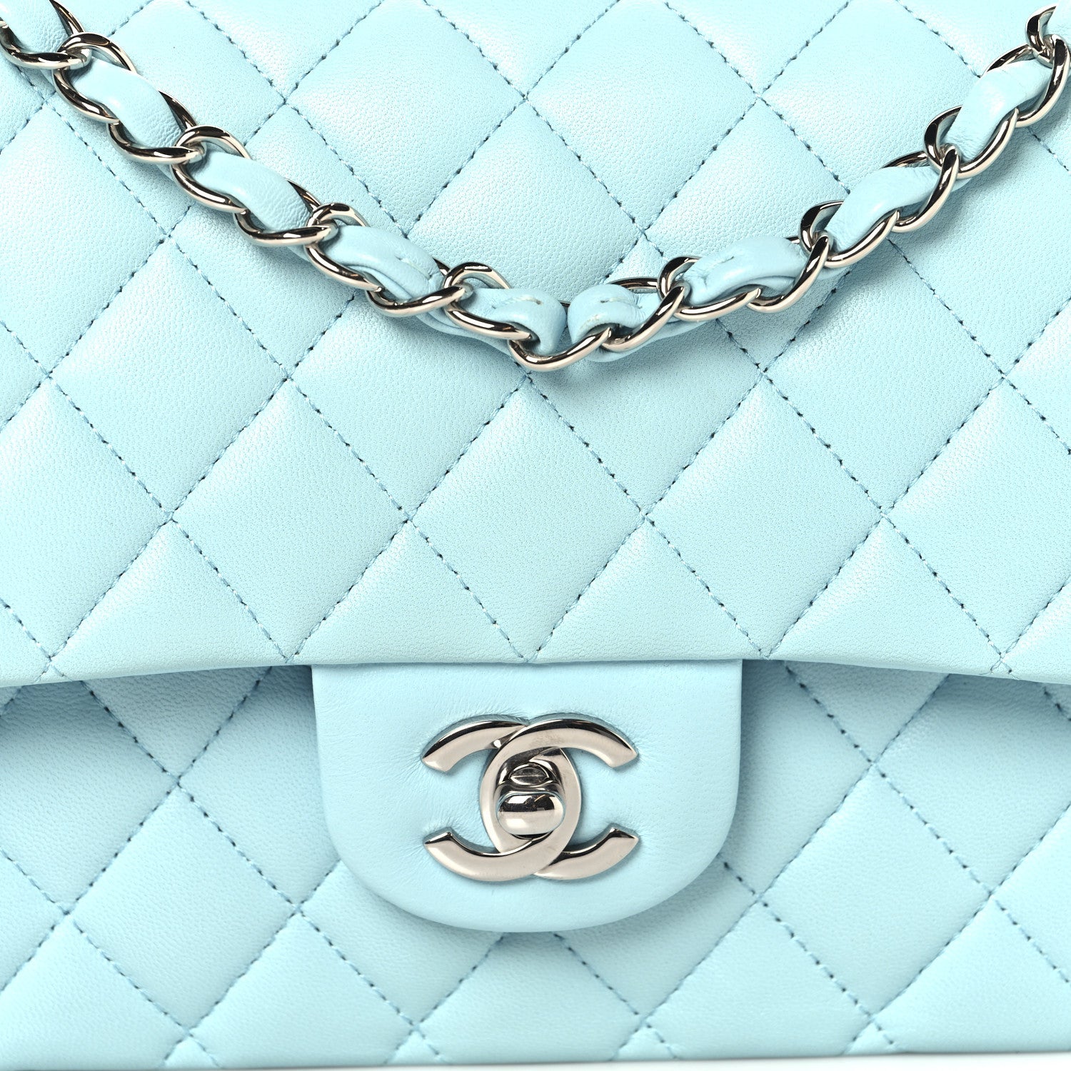 Lambskin Quilted Medium Double Flap Light Blue