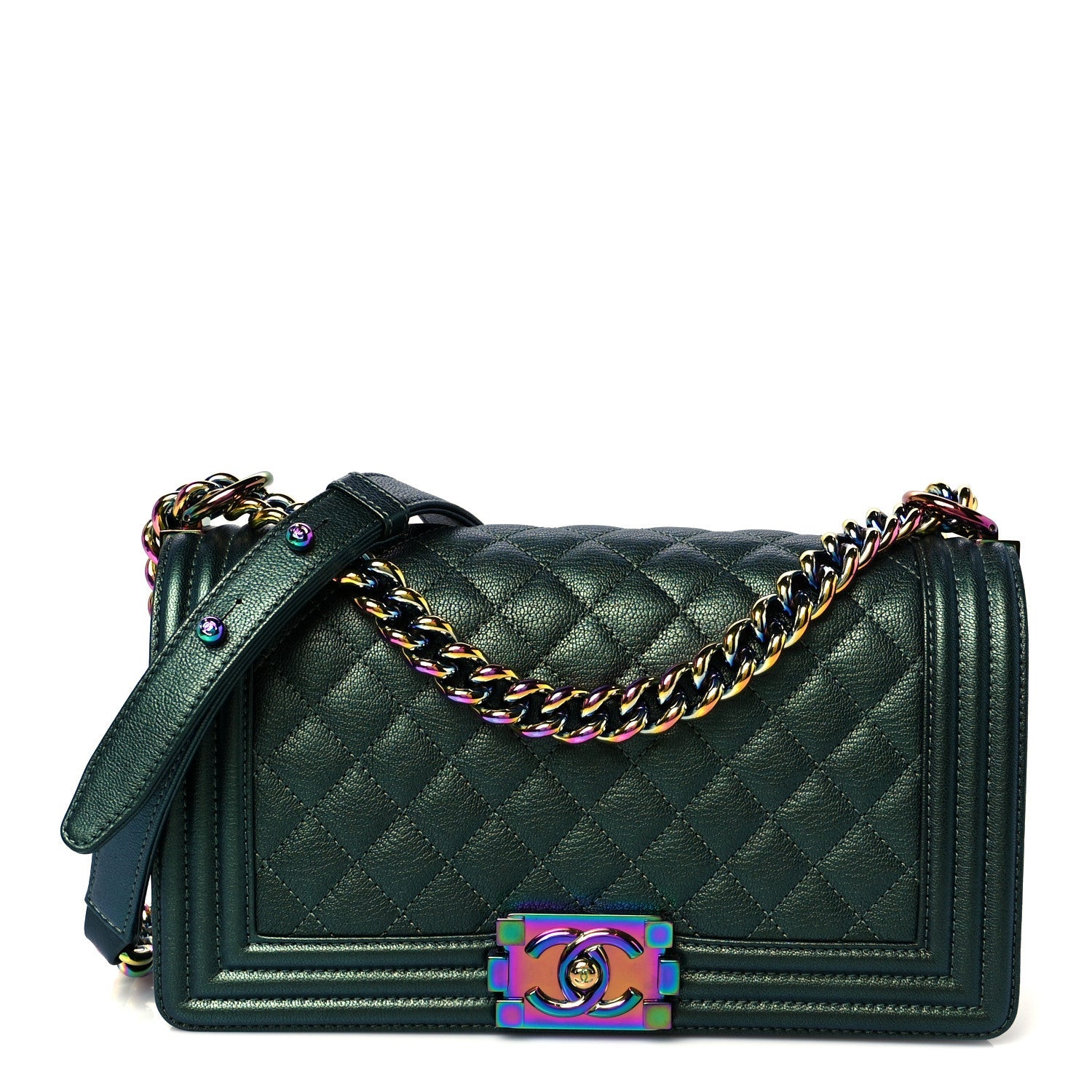 Iridescent Goatskin Quilted Medium Boy Flap Green