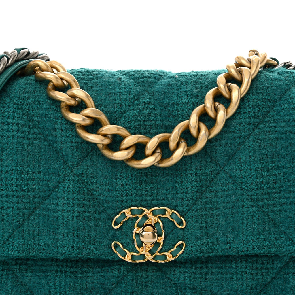 Tweed Quilted Large Chanel 19 Flap Green