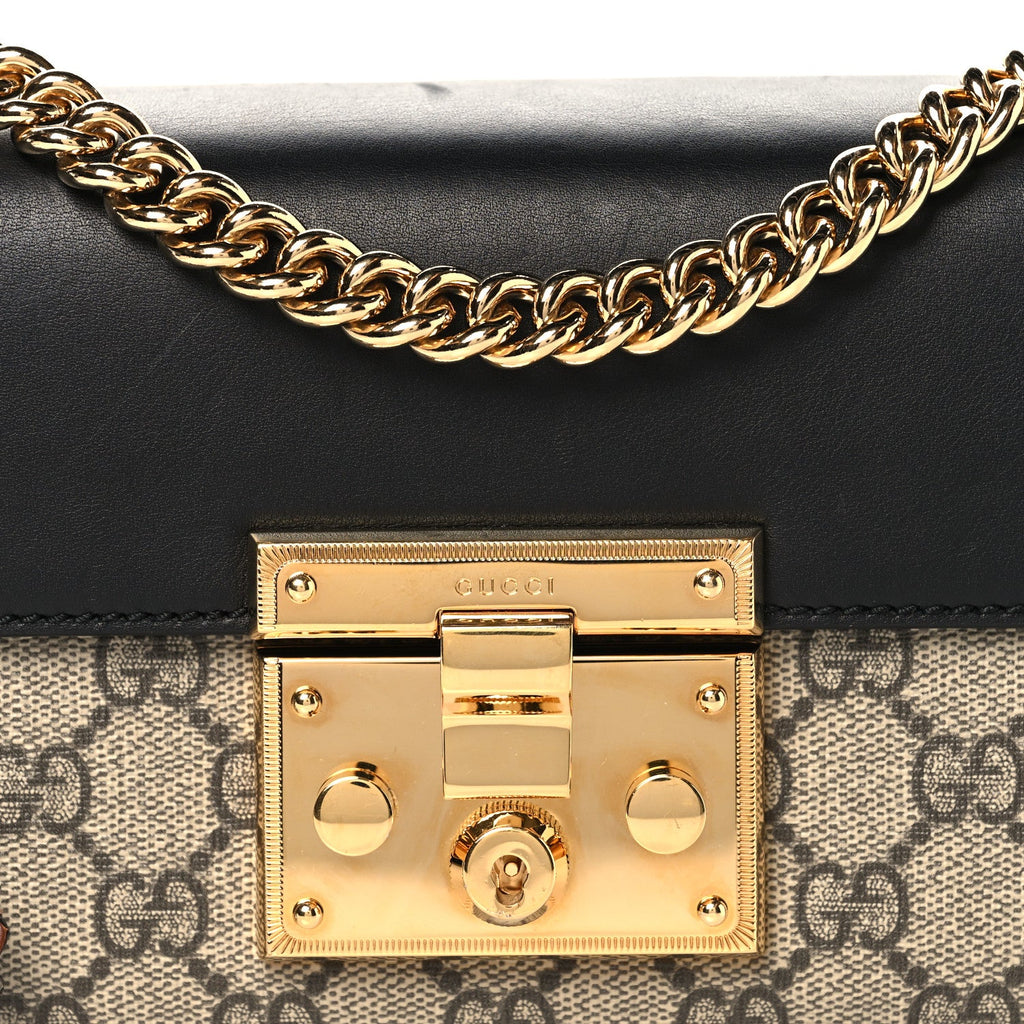GG Supreme Monogram Calfskin Small Padlock Shoulder Bag Beige Black Cuir